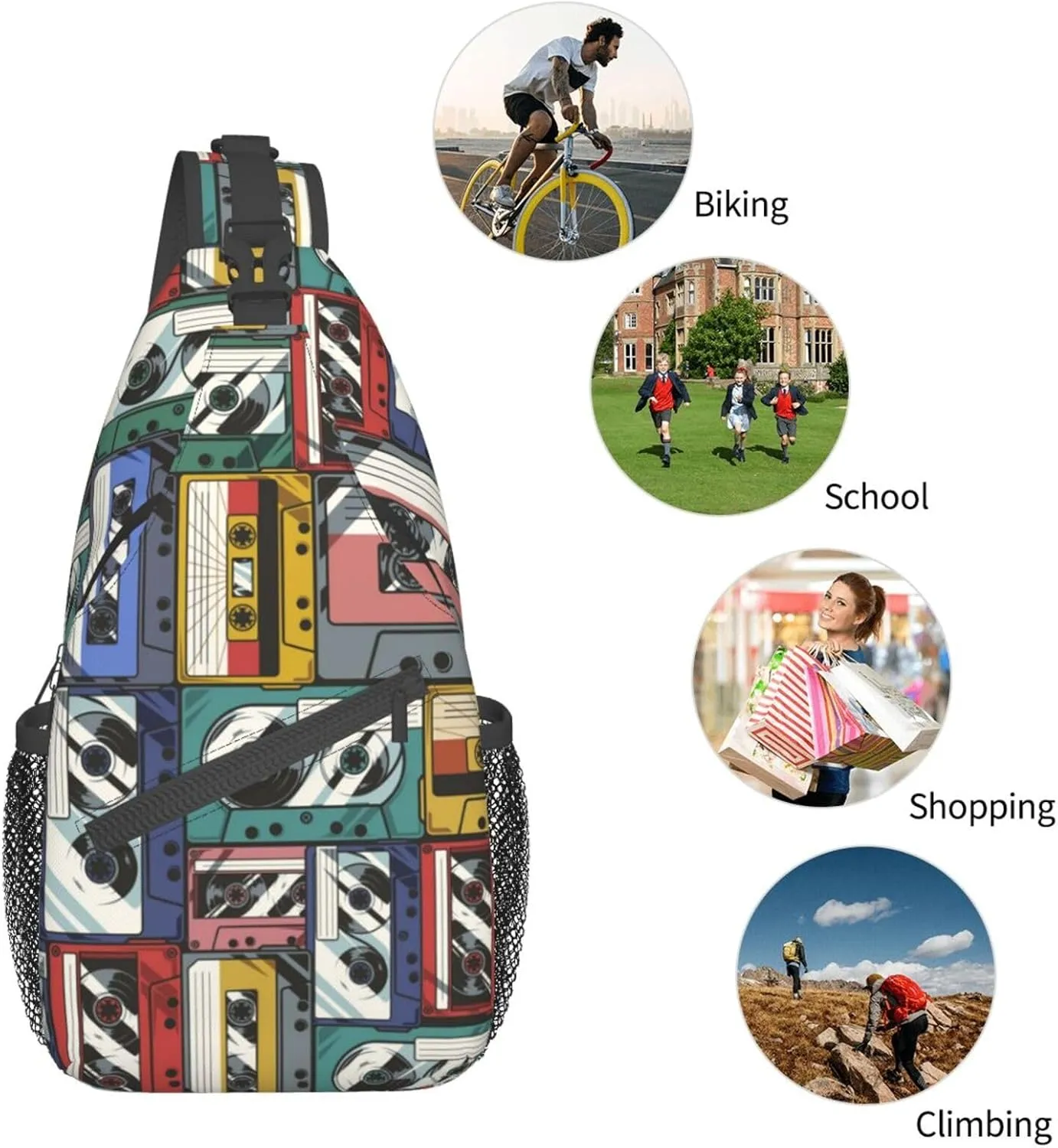 Retro Recorders Shoulder Bag Cassettes Sling Backpack Daypack Casual Backpack Hiking Bag Retro Backpack Bag