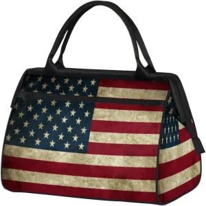 Retro Usa Flag Womens Weekender Overnight Bag 4th of July Travel Duffel Bag 25L Carry On Tote Bag Gym Duffle Bag for Women Teen Girls