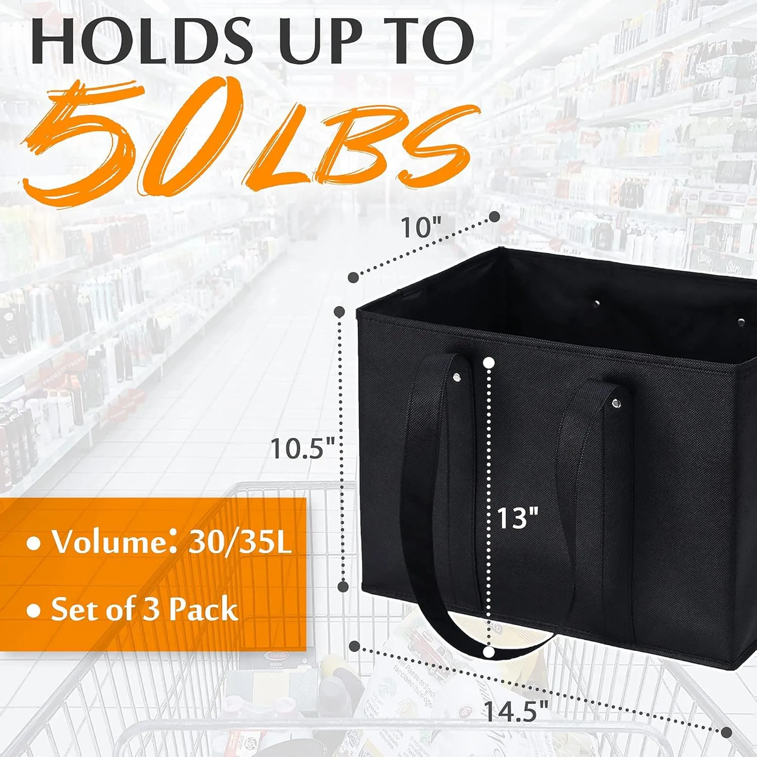 Reusable Kitchen Grocery Standing Up Bags Heavy Duty Folding Shopping Tote Bag With Long Handles, Black, Large, 3 Pack
