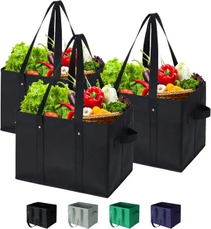 Reusable Kitchen Grocery Standing Up Bags Heavy Duty Folding Shopping Tote Bag With Long Handles, Black, Large, 3 Pack