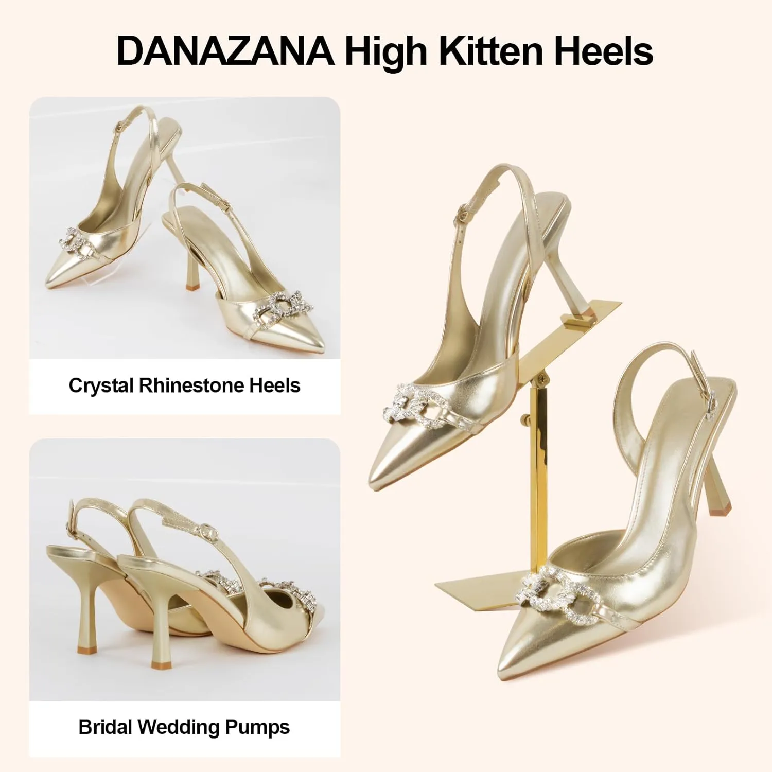 Rhinestones Slingback Heels Women Closed Pointed Toe Crystal Bridal Wedding Stiletto Pumps Shoes Slip On Sandals Buckle Strap Kitten Heels Size 6-10