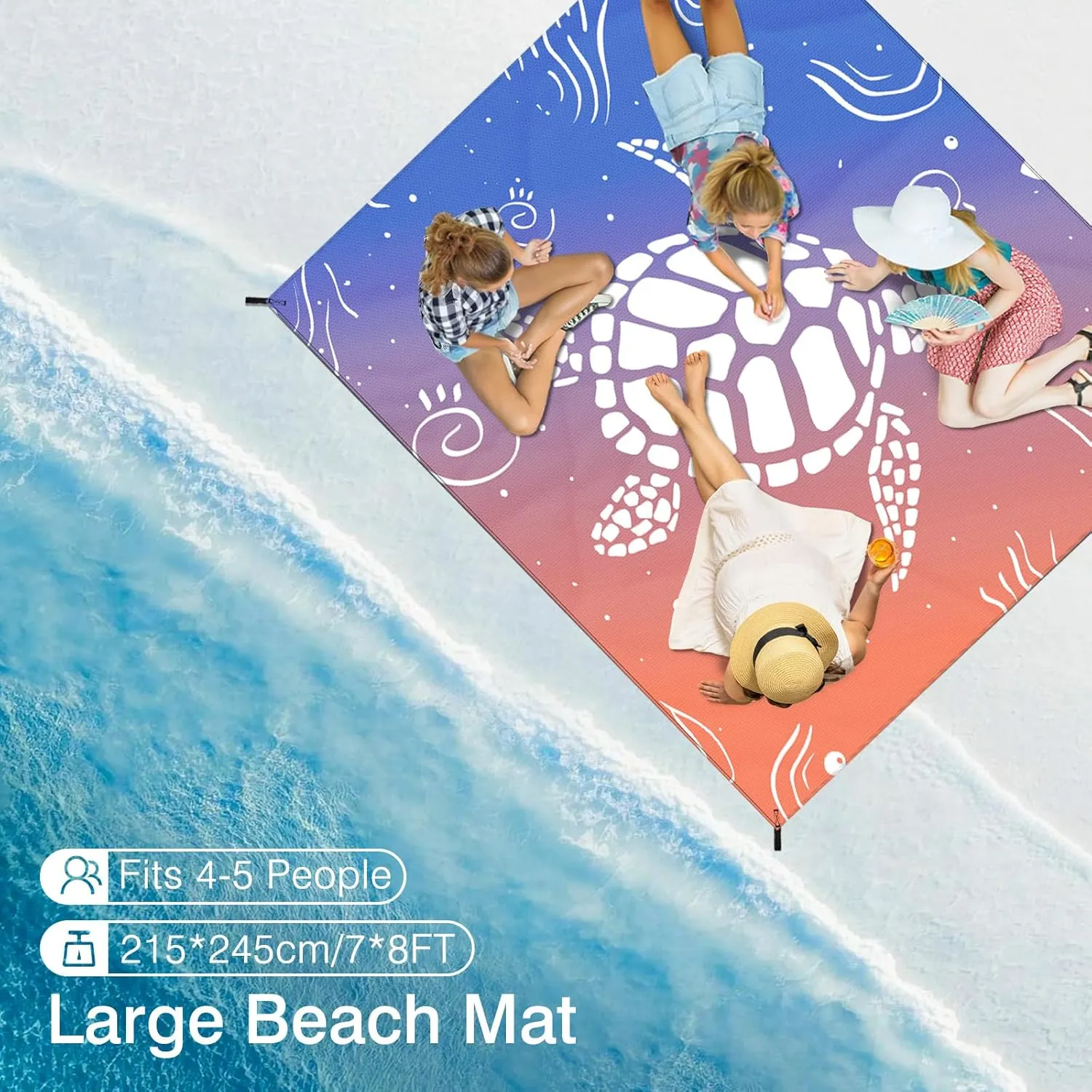 Rhino Valley Beach Blanket 84'' X 96'' for 4-8 Adults, Sandproof Beach Mat with Carrying Bag & 4 Stable Stakes, Quick Drying Outdoor Picnic Mat for Sand Travel Camping Hiking(7 * 8FT)