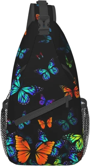RIMENCH Lightweight Sling Backpack Sling Bag Travel Hiking Small Backpack for Women Men Gifts (Black Blue Monarch Butterfly)