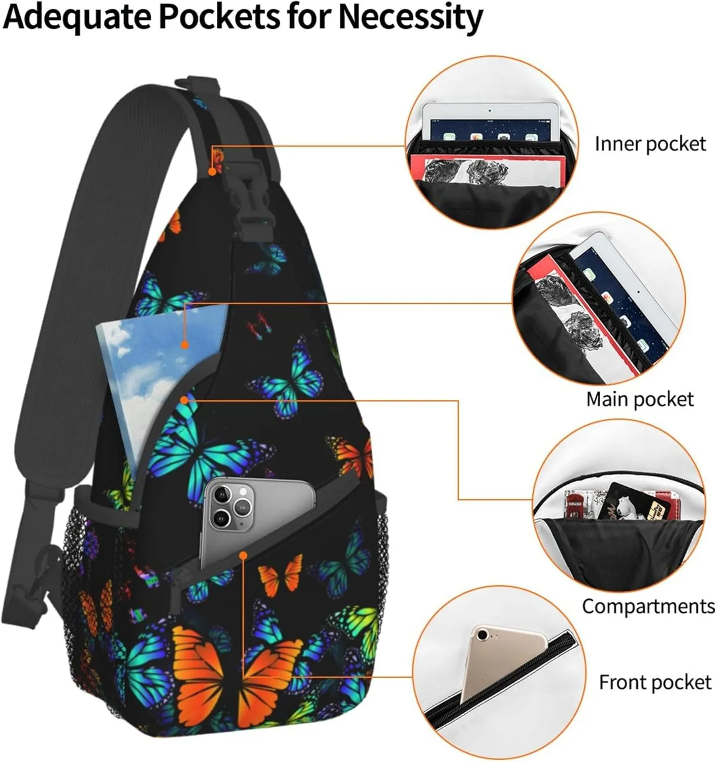 RIMENCH Lightweight Sling Backpack Sling Bag Travel Hiking Small Backpack for Women Men Gifts (Black Blue Monarch Butterfly)