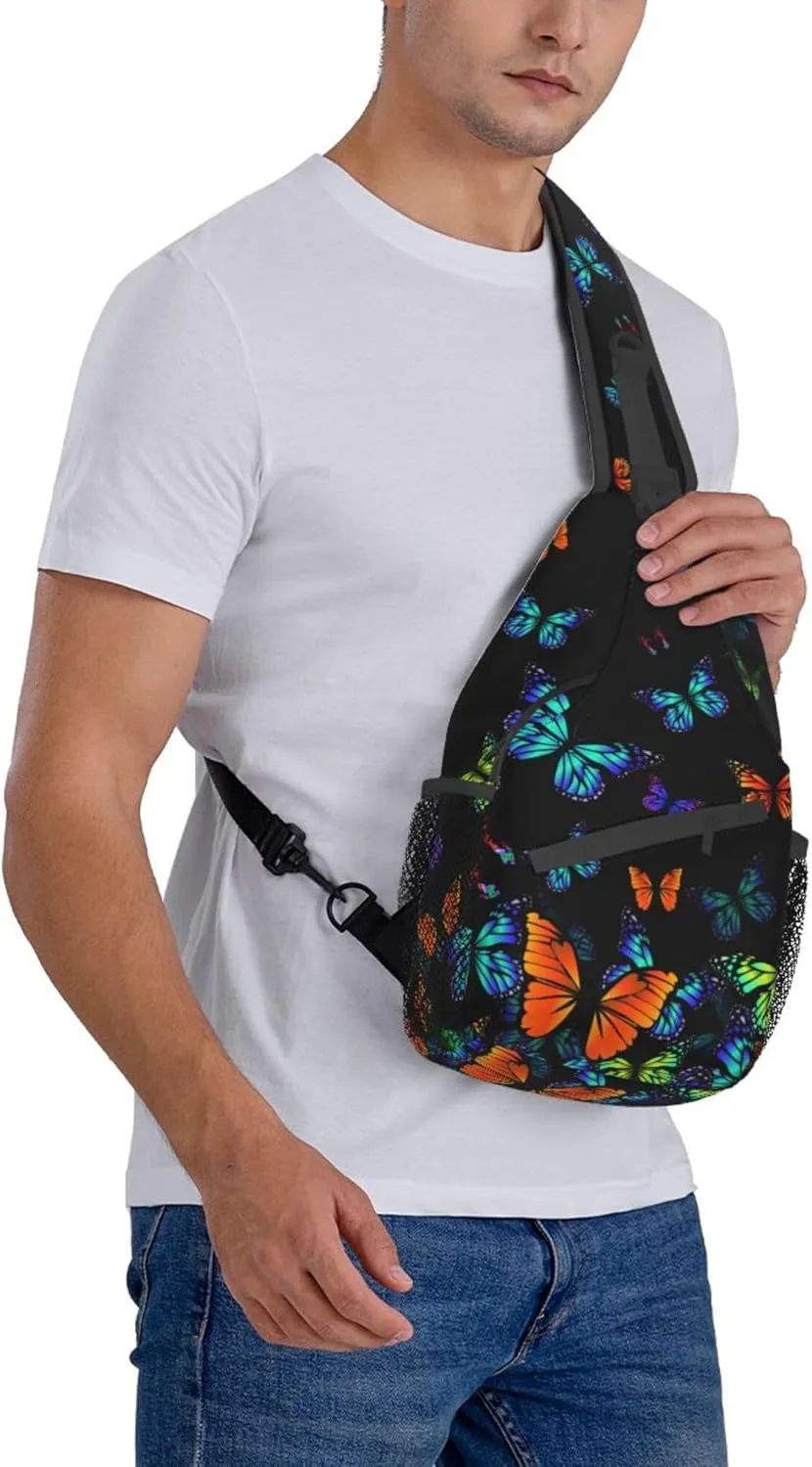 RIMENCH Lightweight Sling Backpack Sling Bag Travel Hiking Small Backpack for Women Men Gifts (Black Blue Monarch Butterfly)