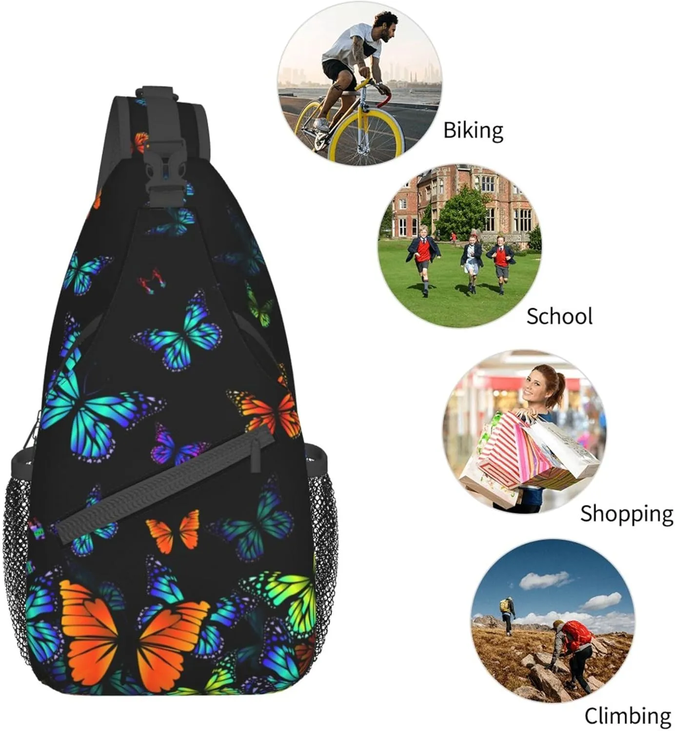 RIMENCH Lightweight Sling Backpack Sling Bag Travel Hiking Small Backpack for Women Men Gifts (Black Blue Monarch Butterfly)