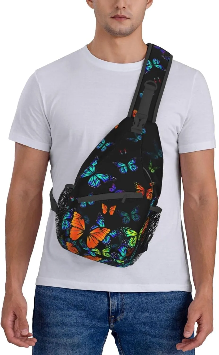 RIMENCH Lightweight Sling Backpack Sling Bag Travel Hiking Small Backpack for Women Men Gifts (Black Blue Monarch Butterfly)