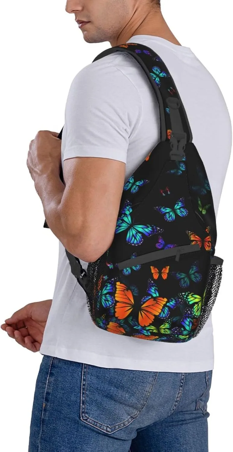 RIMENCH Lightweight Sling Backpack Sling Bag Travel Hiking Small Backpack for Women Men Gifts (Black Blue Monarch Butterfly)