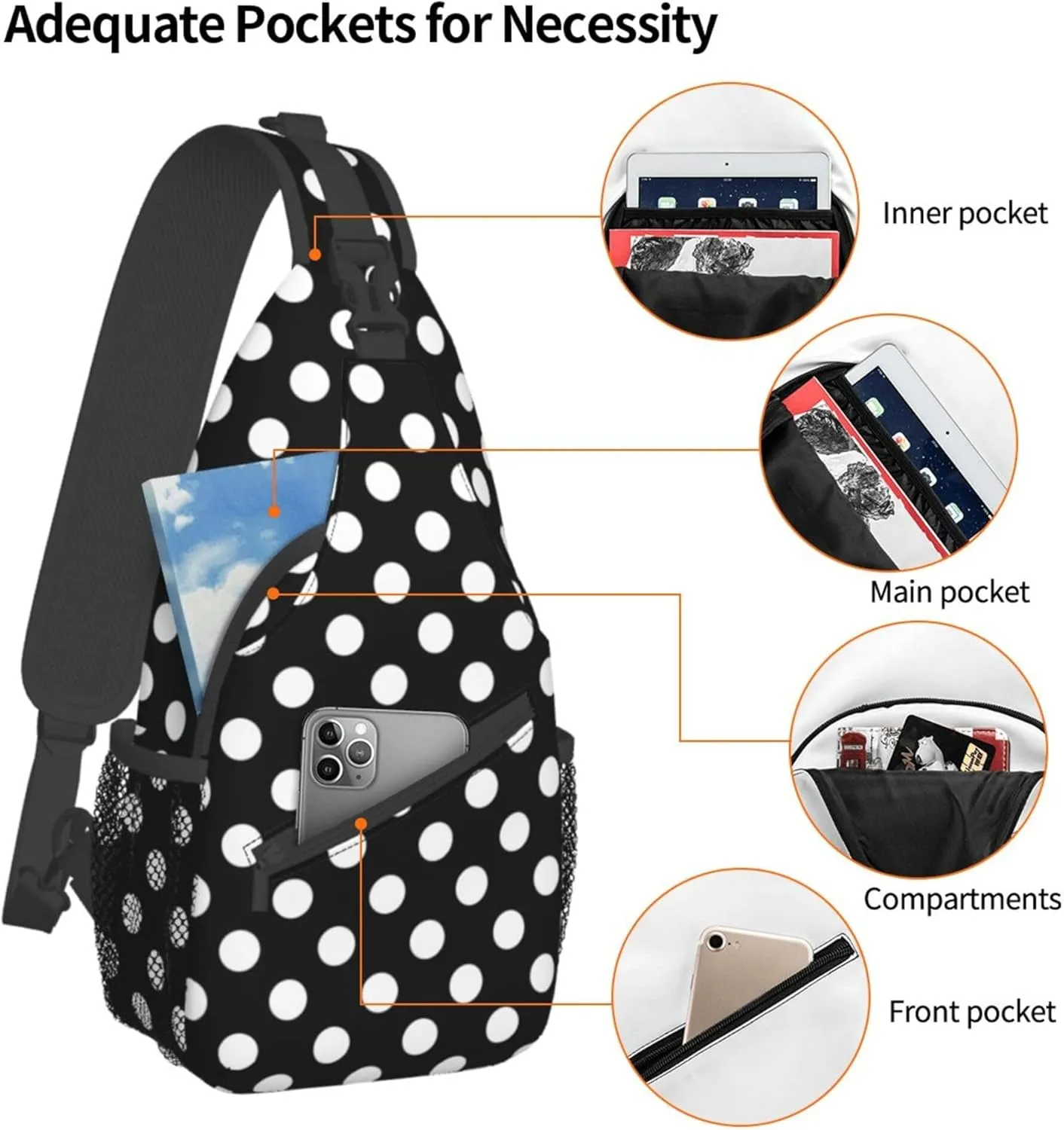 RIMENCH Men Women White Black Polka Dots Sling Bag Premium Sling Bags Shoulder Backpack Multipurpose Sling Backpack With Adjustable Strap