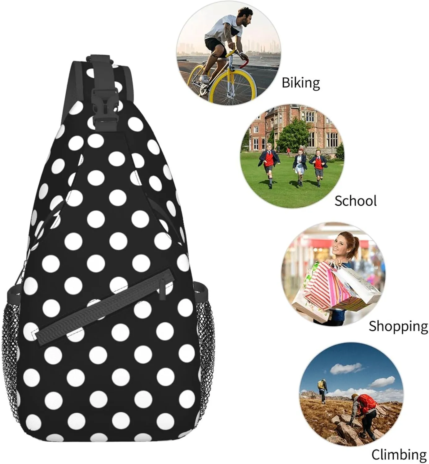 RIMENCH Men Women White Black Polka Dots Sling Bag Premium Sling Bags Shoulder Backpack Multipurpose Sling Backpack With Adjustable Strap
