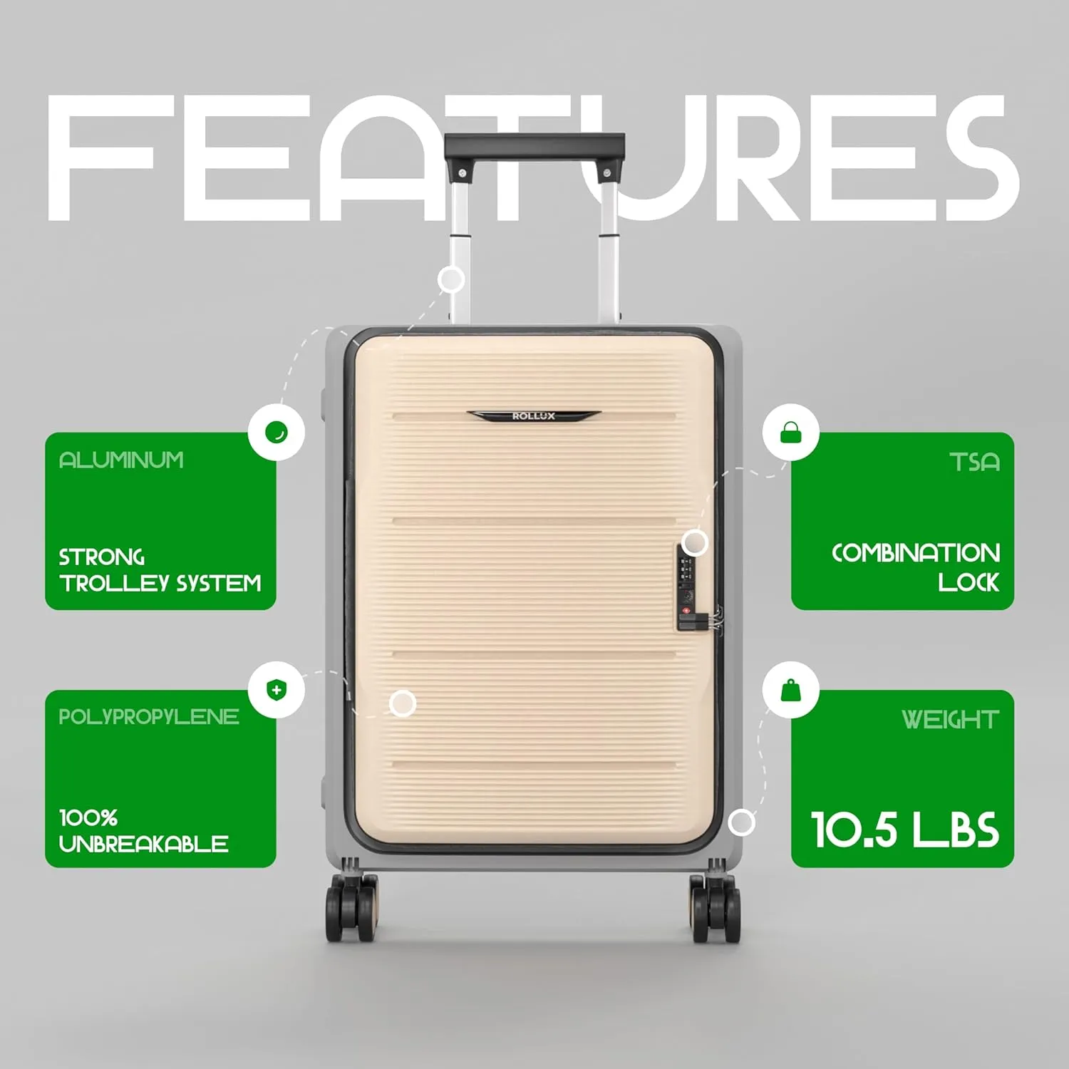 Rollux Collapsible Suitcase with Wheels, Water and Impact Resistant Hard Shell Luggage with Silent Double Spinner Wheels, 24 Inch Suitcase with TSA Lock, [24 inch] – Khaki