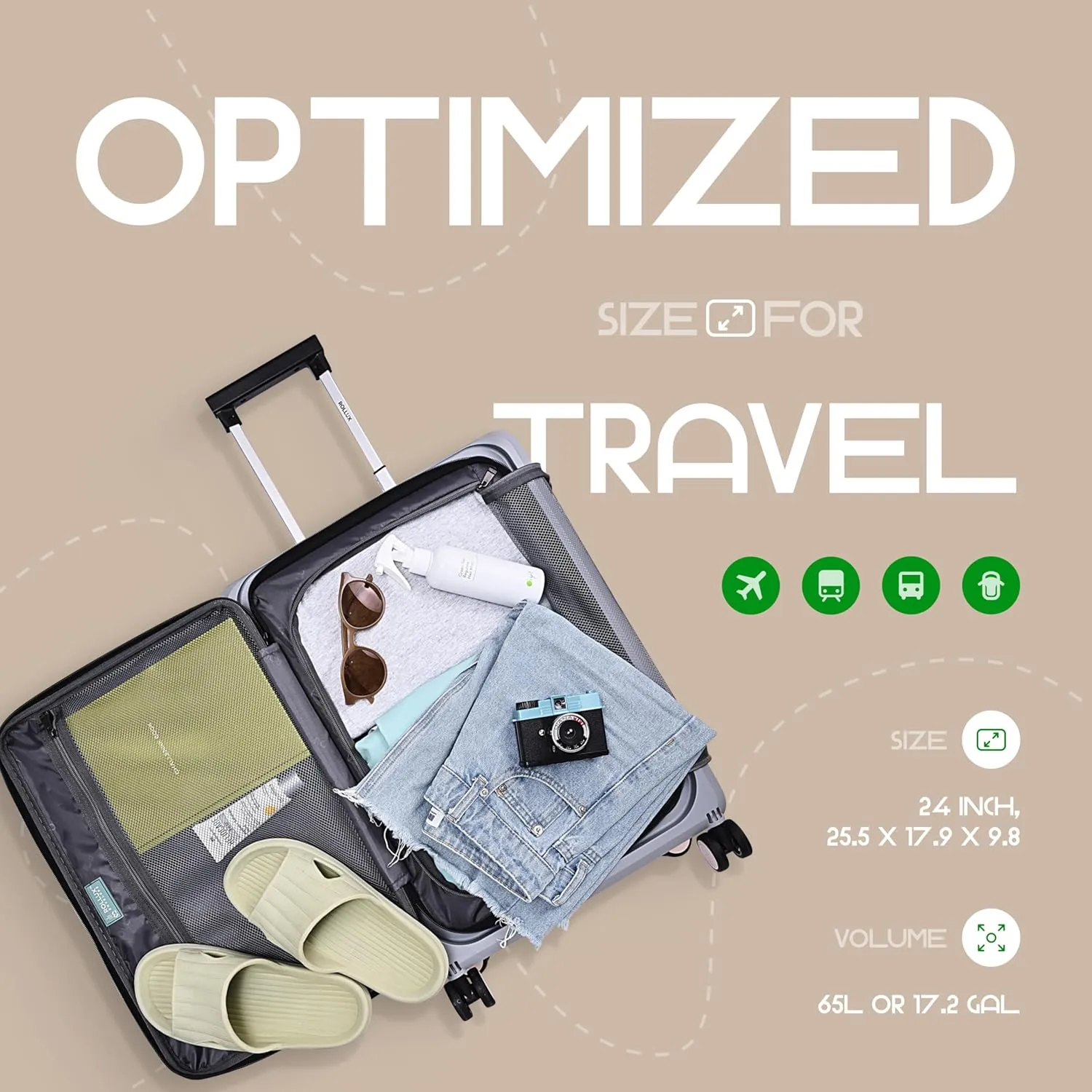 Rollux Collapsible Suitcase with Wheels, Water and Impact Resistant Hard Shell Luggage with Silent Double Spinner Wheels, 24 Inch Suitcase with TSA Lock, [24 inch] – Khaki