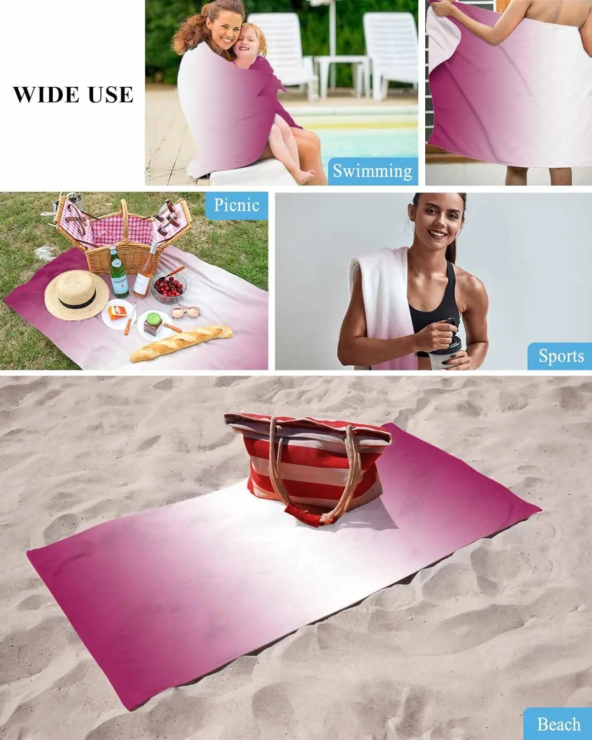Rose Beach Towel 31"x61" Microfiber Beach Towels Oversized Sand Free Quick Dry Beach Towel/Bath Towels/Yoga Towel/Pool Towels/Travel Towel for Women Men Girls Kids-Gradient