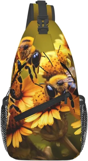 Rural Honey Bees Flowers Print Cross Chest Bag Diagonally,Adjustable Sling Backpack Travel Hiking Sport Wallet