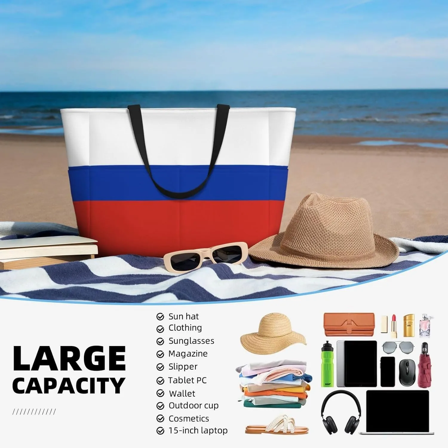 Russian Flag Large Capacity Foldable Tote Bag Women Beach Tote Bag Handbag Gym Bag Travel Shopping Bag