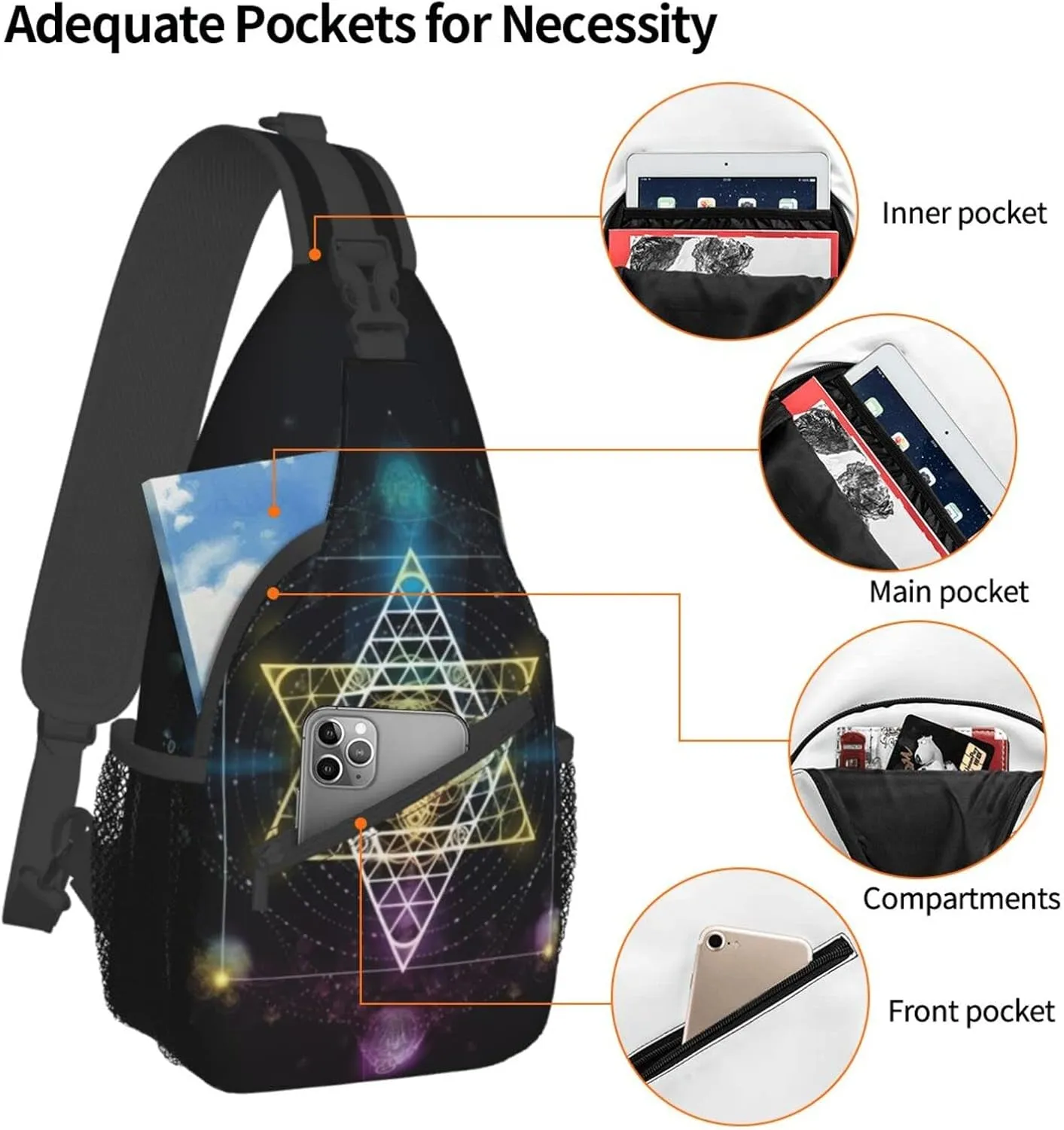 Sacred Geometry Symbol Outdoor Cross-body Shoulder Bag, Unisex Backpack For Women Men Young Hiking Travel