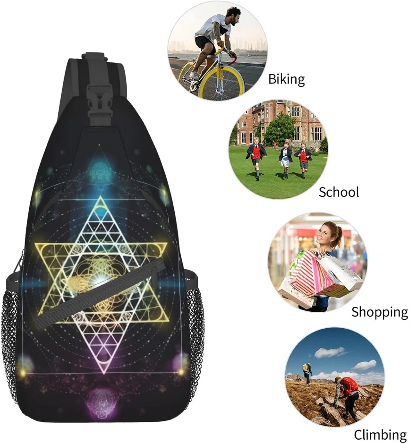 Sacred Geometry Symbol Outdoor Cross-body Shoulder Bag, Unisex Backpack For Women Men Young Hiking Travel