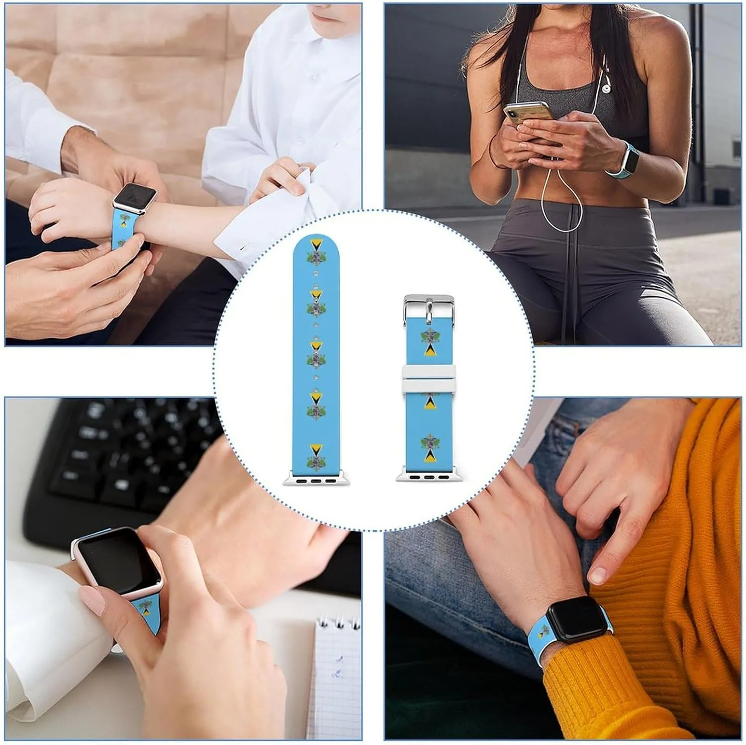 Saint Lucia's Flag Adjustable Silicone Watchband Compatible with IWatch Classic Soft Sports Watch Strap for Men Women
