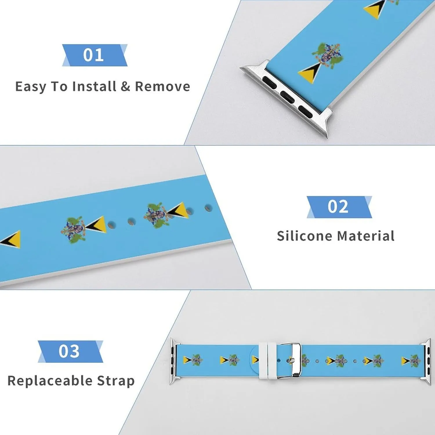Saint Lucia's Flag Adjustable Silicone Watchband Compatible with IWatch Classic Soft Sports Watch Strap for Men Women