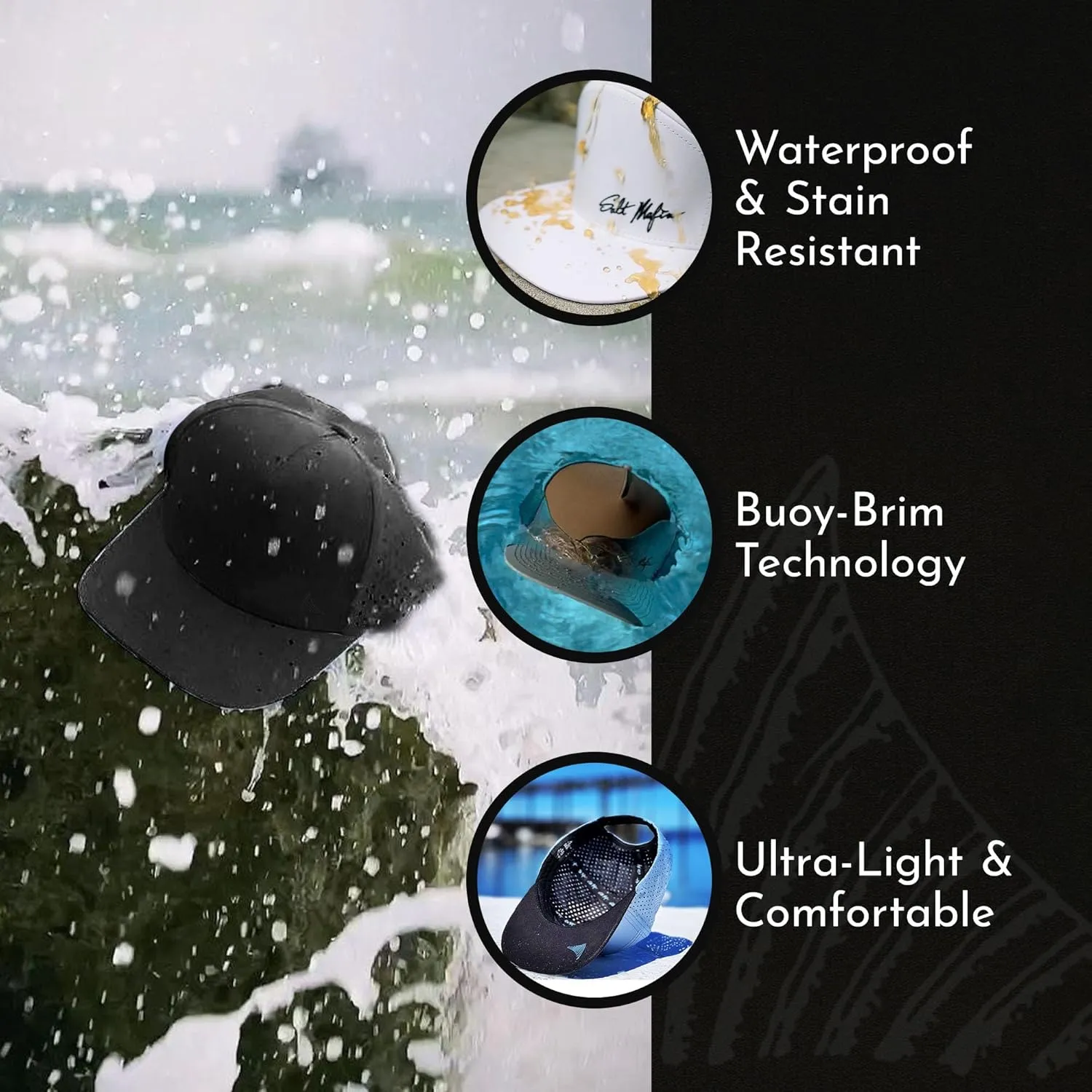 Salt Mafia Hats for Men - Waterproof Hats for Men, 7 Panel Flat Brim Surfer Hat