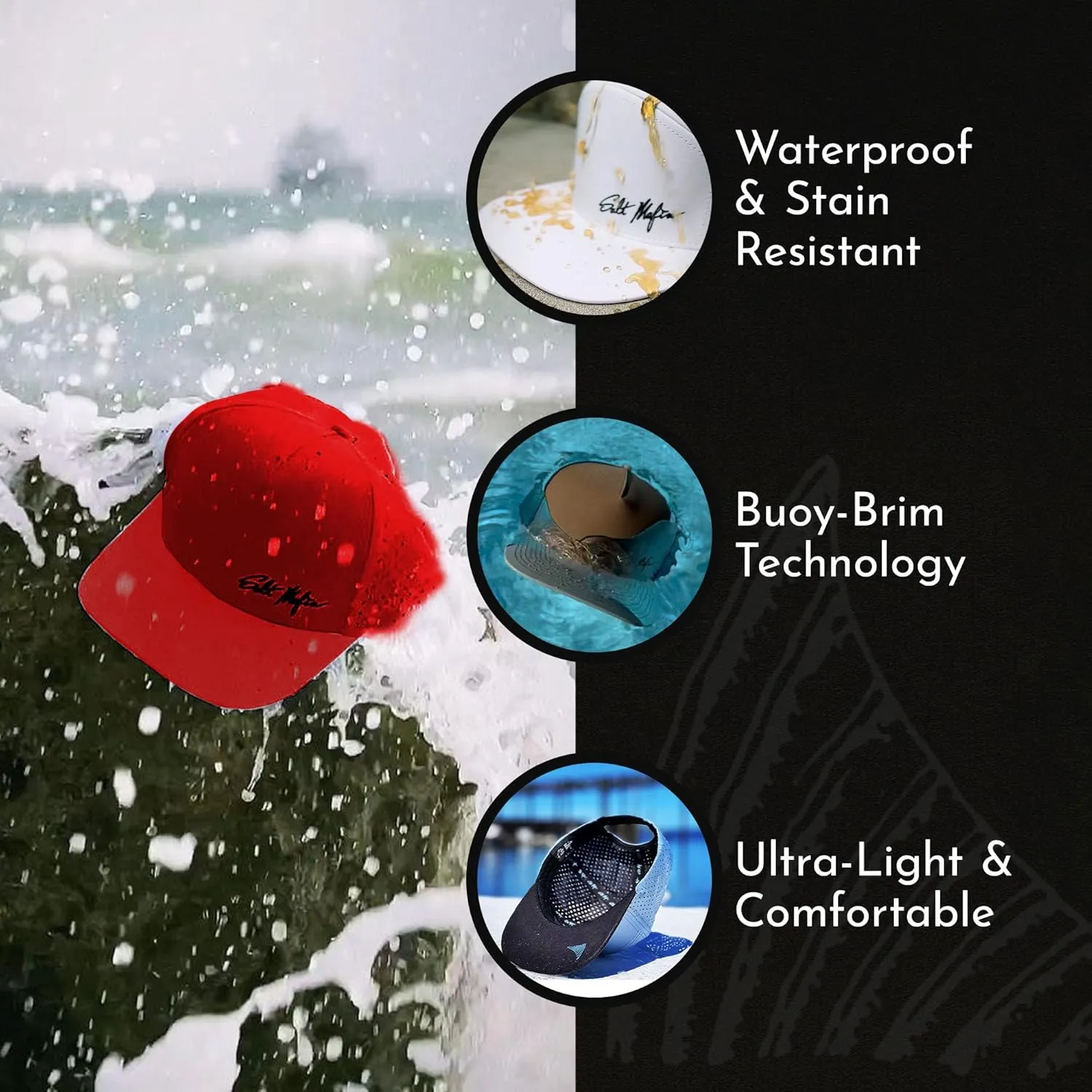 Salt Mafia Hats for Men - Waterproof Hats for Men, 7 Panel Flat Brim Surfer Hat