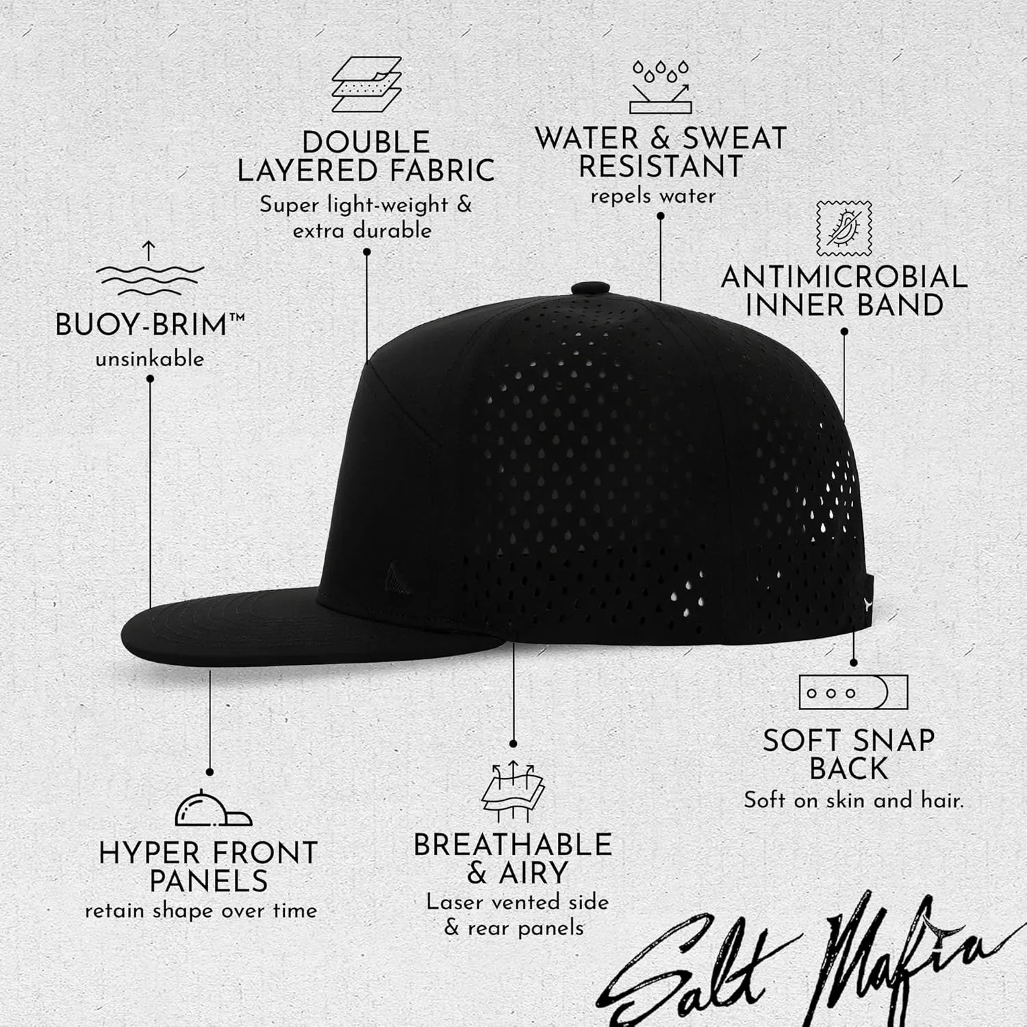 Salt Mafia Hats for Men - Waterproof Hats for Men, 7 Panel Flat Brim Surfer Hat