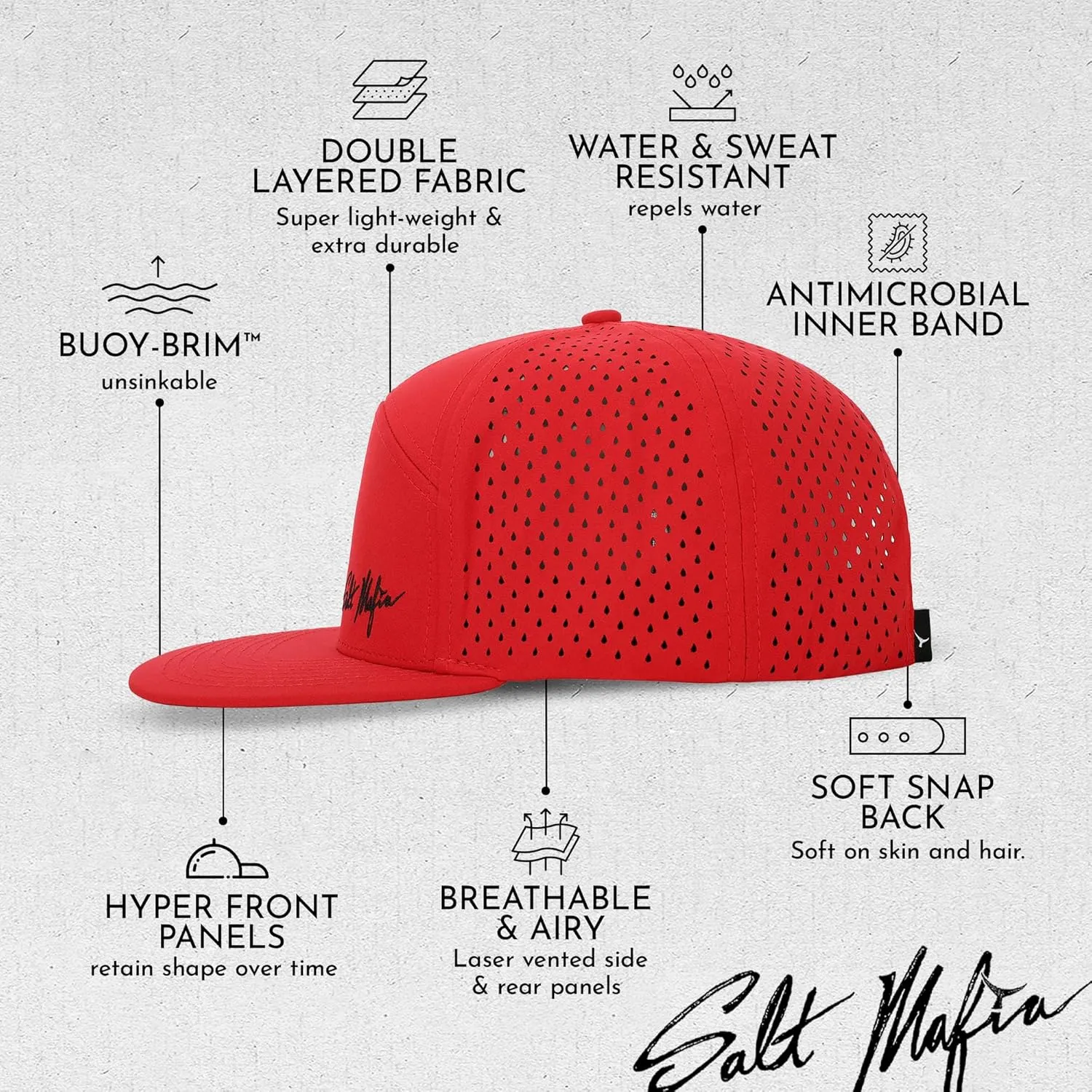 Salt Mafia Hats for Men - Waterproof Hats for Men, 7 Panel Flat Brim Surfer Hat