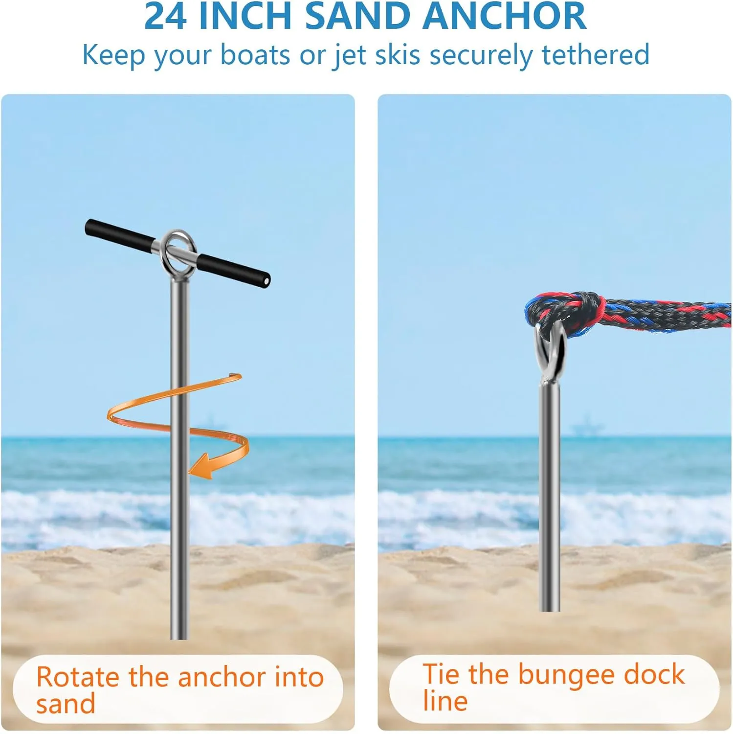 Sand Anchor, Beach Anchor with Removable Handle, Bungee Line & Carry Bag, 18"/24"/36" Length Auger to The Beach and Sandbar,Boat Sand Anchor Pole for Jet Ski PWC Pontoon Kayak