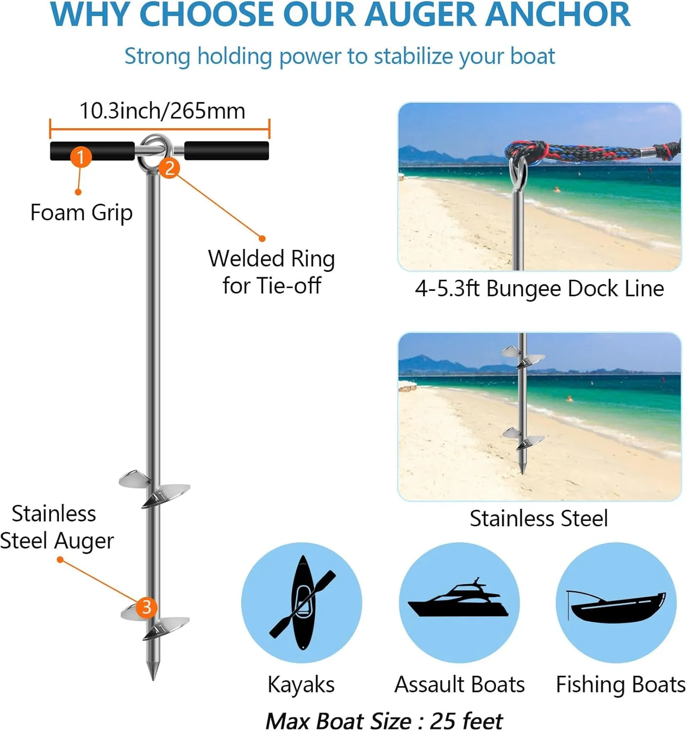 Sand Anchor, Beach Anchor with Removable Handle, Bungee Line & Carry Bag, 18"/24"/36" Length Auger to The Beach and Sandbar,Boat Sand Anchor Pole for Jet Ski PWC Pontoon Kayak