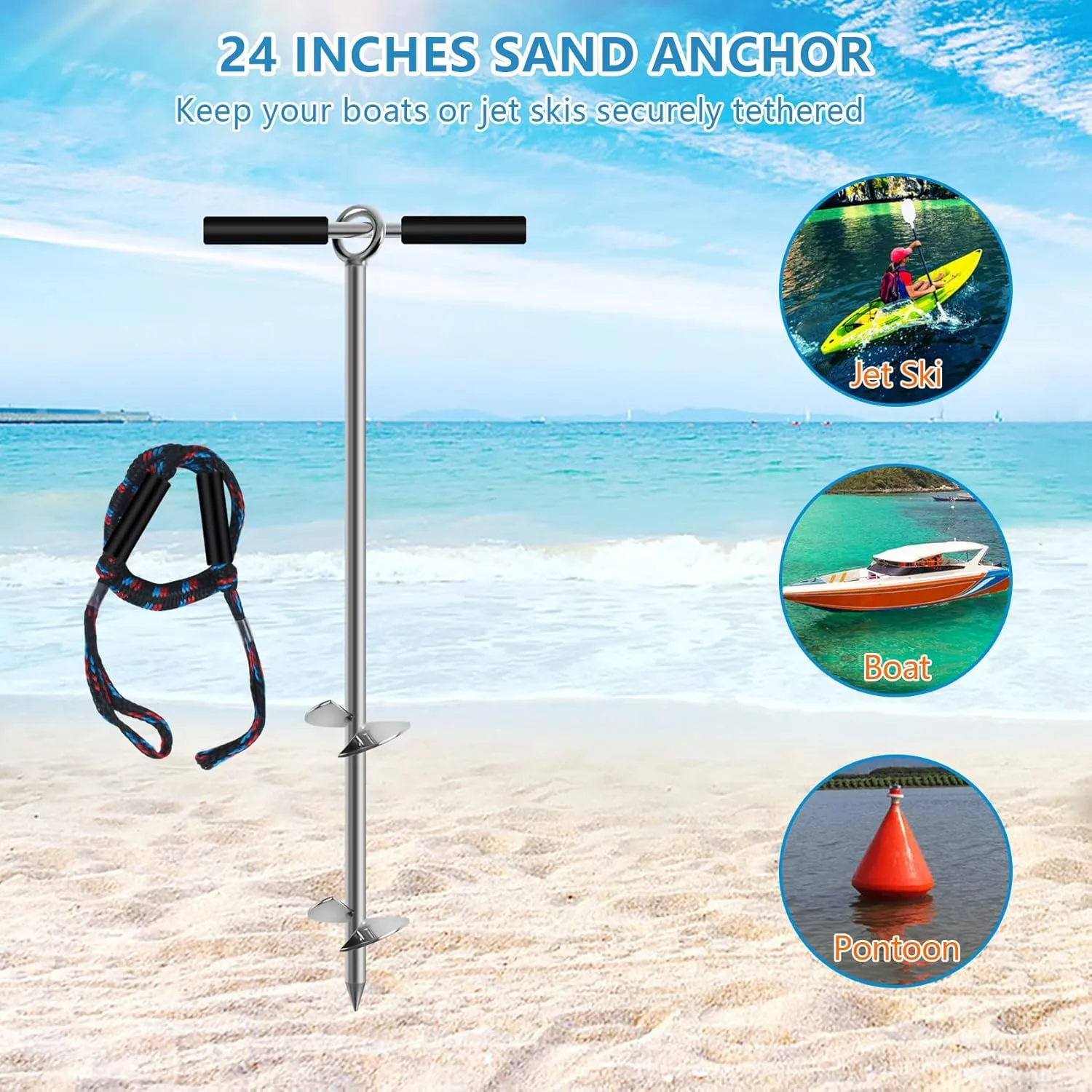 Sand Anchor, Beach Anchor with Removable Handle, Bungee Line & Carry Bag, 18"/24"/36" Length Auger to The Beach and Sandbar,Boat Sand Anchor Pole for Jet Ski PWC Pontoon Kayak