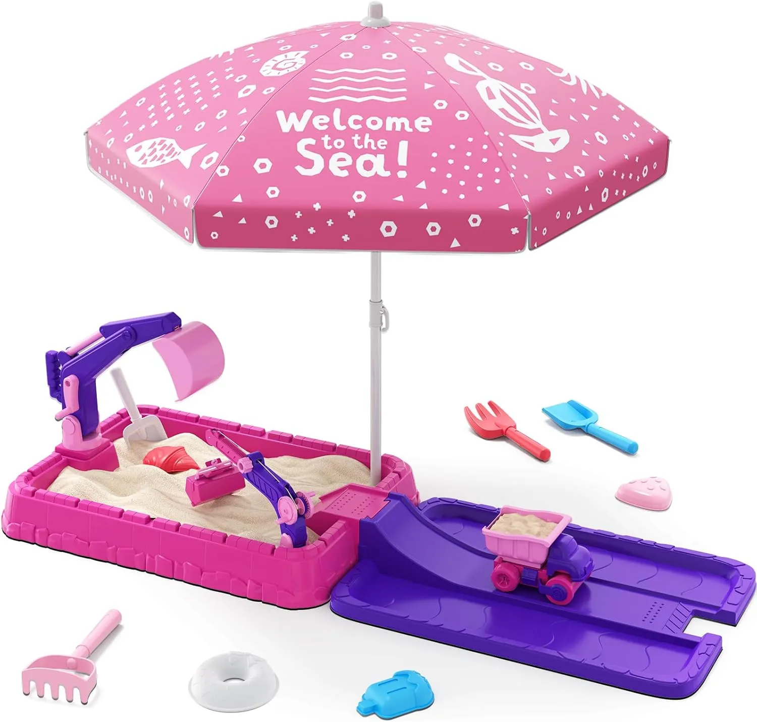 Sandbox with Lid, Dirt Digger Excavator Sand Box with Cover, Kids Sand Pit with Construction Toys/Umbrella/Beach Toys for Toddler 3-5, Sensory Kit Summer Gifts for Indoor Outdoor Backyard, Purple