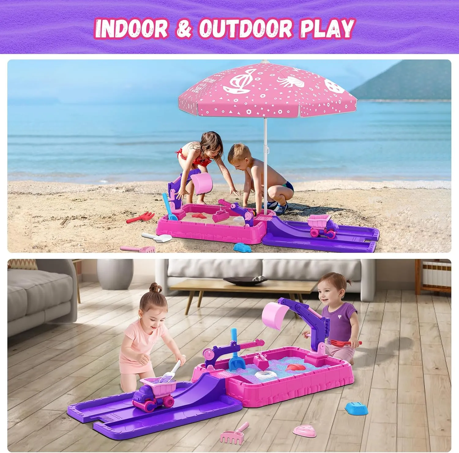 Sandbox with Lid, Dirt Digger Excavator Sand Box with Cover, Kids Sand Pit with Construction Toys/Umbrella/Beach Toys for Toddler 3-5, Sensory Kit Summer Gifts for Indoor Outdoor Backyard, Purple
