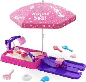 Sandbox with Lid, Dirt Digger Excavator Sand Box with Cover, Kids Sand Pit with Construction Toys/Umbrella/Beach Toys for Toddler 3-5, Sensory Kit Summer Gifts for Indoor Outdoor Backyard, Purple