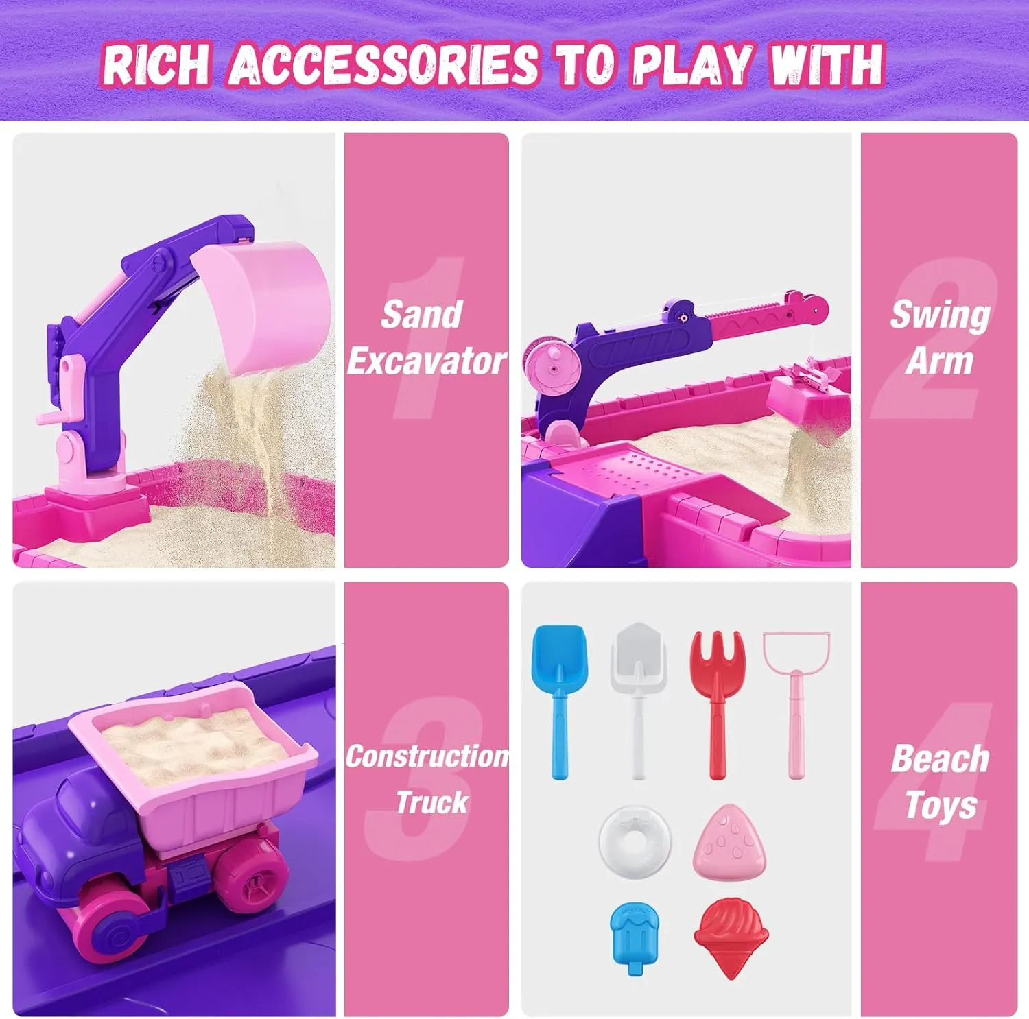 Sandbox with Lid, Dirt Digger Excavator Sand Box with Cover, Kids Sand Pit with Construction Toys/Umbrella/Beach Toys for Toddler 3-5, Sensory Kit Summer Gifts for Indoor Outdoor Backyard, Purple