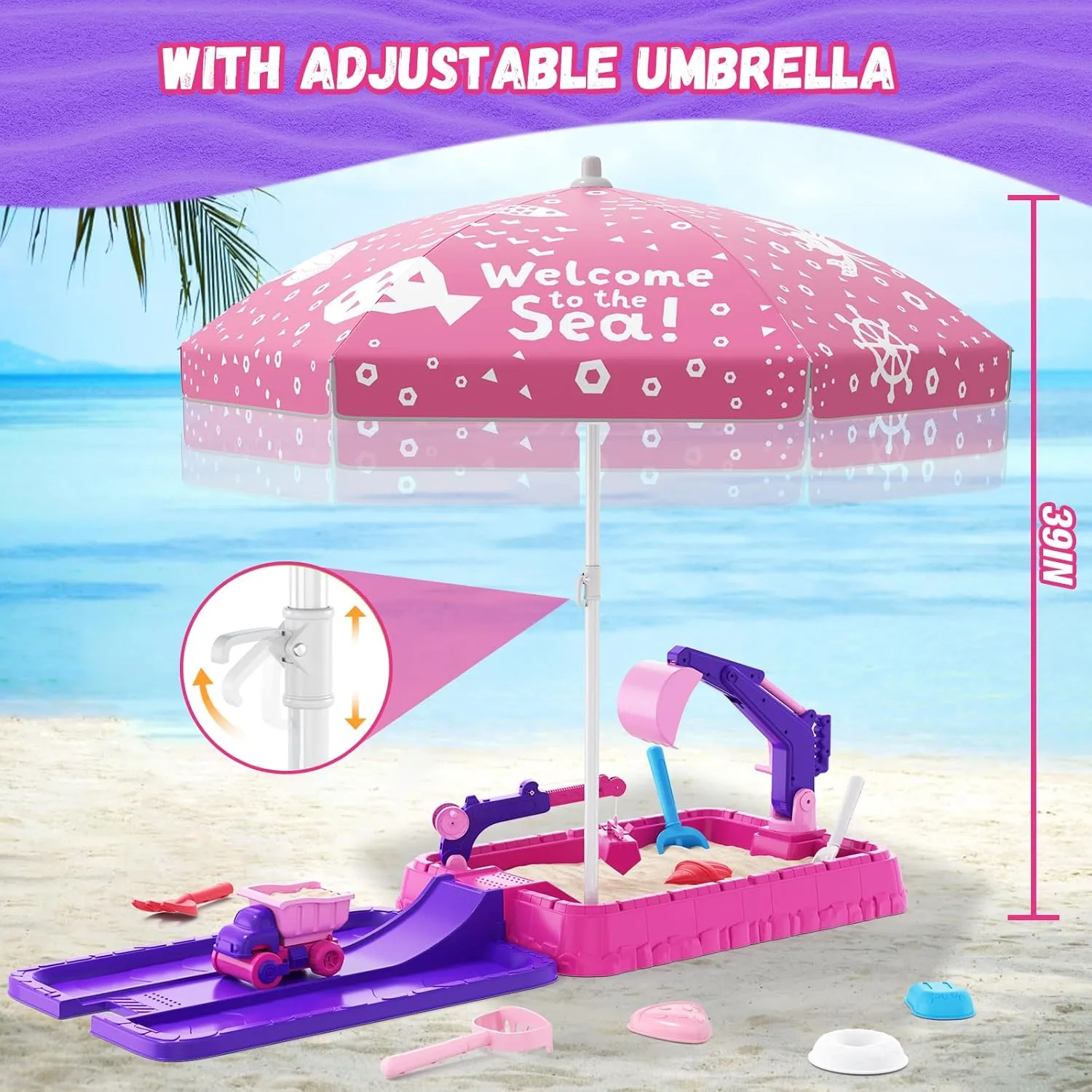 Sandbox with Lid, Dirt Digger Excavator Sand Box with Cover, Kids Sand Pit with Construction Toys/Umbrella/Beach Toys for Toddler 3-5, Sensory Kit Summer Gifts for Indoor Outdoor Backyard, Purple