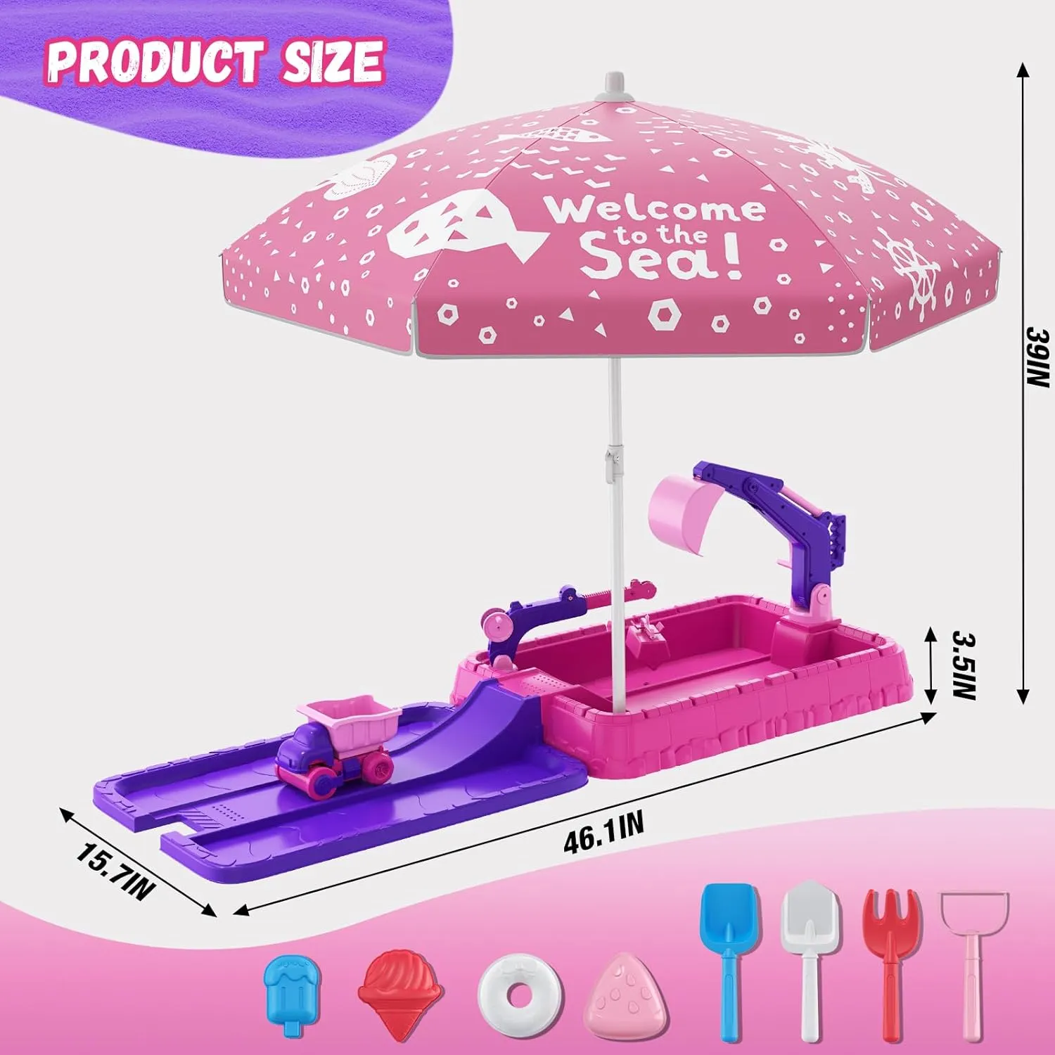 Sandbox with Lid, Dirt Digger Excavator Sand Box with Cover, Kids Sand Pit with Construction Toys/Umbrella/Beach Toys for Toddler 3-5, Sensory Kit Summer Gifts for Indoor Outdoor Backyard, Purple