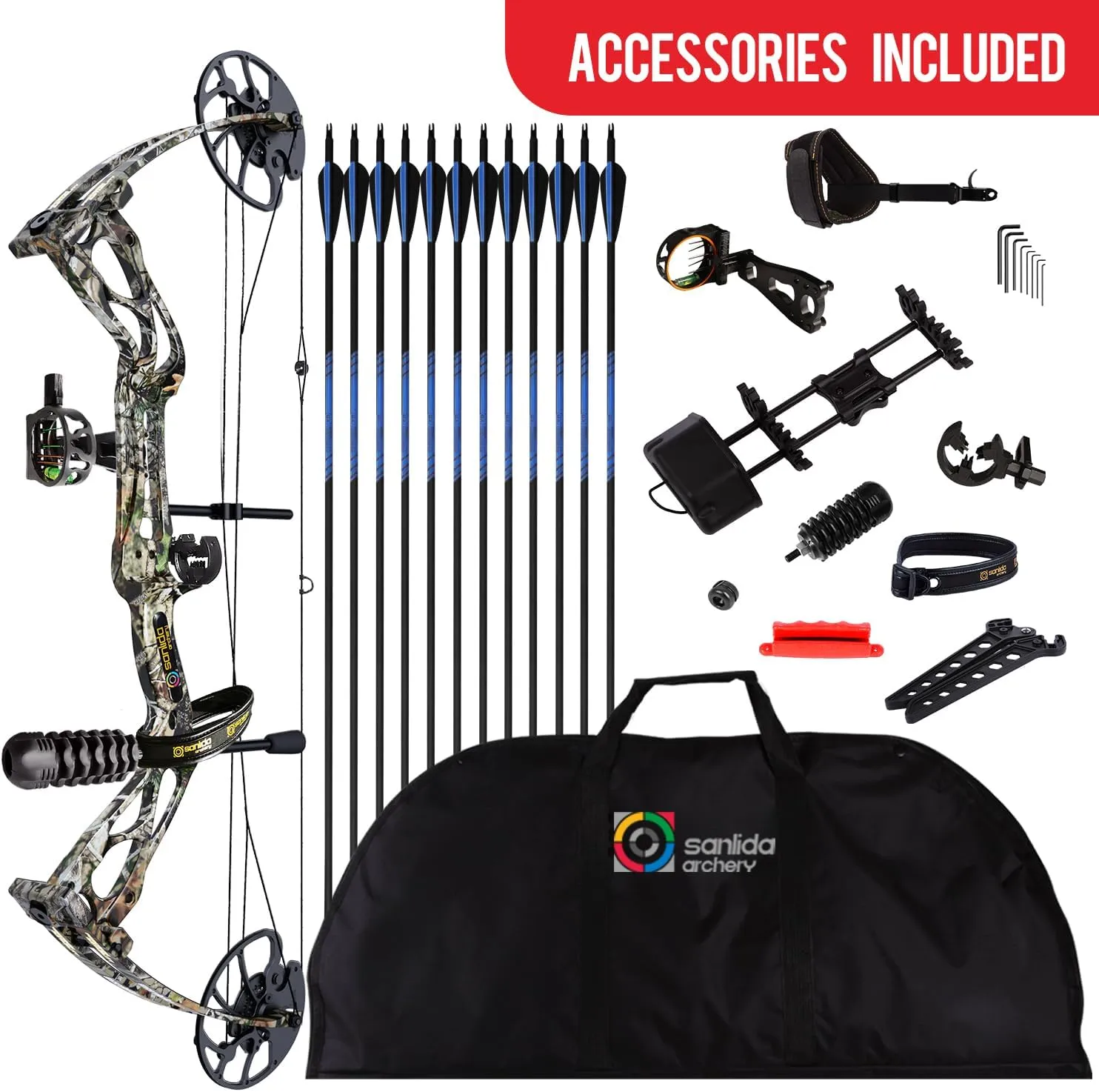 Sanlida Archery Dragon X8 RTH Compound Bow Package for Adults and Teens,18”-31” Draw Length,0-70 Lbs Draw Weight,up to IBO 310 fps,No Bow Press Needed,Limbs Made in USA,Limited Life-time Warranty