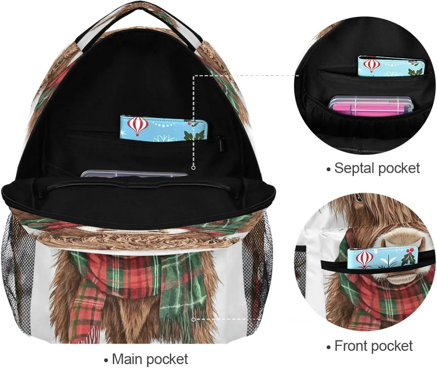 School Backpack for Men Women Fashion Stylish Travel Bags with Chest Strap Gift Men & Women Scottish Highland Cattle Scarf