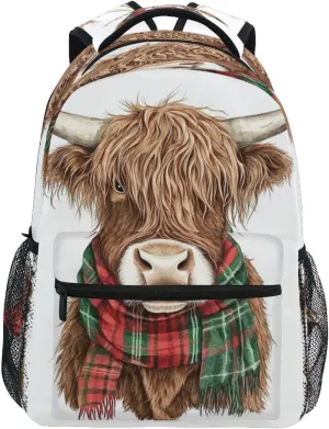 School Backpack for Men Women Fashion Stylish Travel Bags with Chest Strap Gift Men & Women Scottish Highland Cattle Scarf
