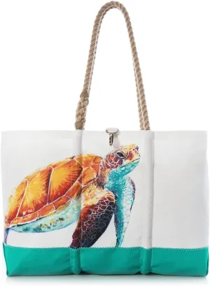 Sea Bags Recycled Sail Cloth Multicolor Sea Turtle Ogunquit Beach Tote Water Resistant Boating Beach Bag, Large Travel Tote Interior and Exterior Pockets