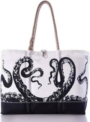 Sea Bags Recycled Sail Cloth Octopus Beach Tote Water Resistant Boating Beach Bag, Large Travel Tote Interior and Exterior Pockets