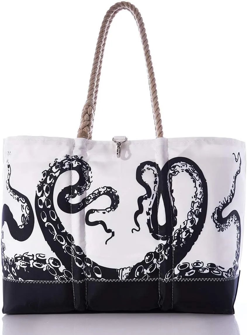 Sea Bags Recycled Sail Cloth Octopus Beach Tote Water Resistant Boating Beach Bag, Large Travel Tote Interior and Exterior Pockets