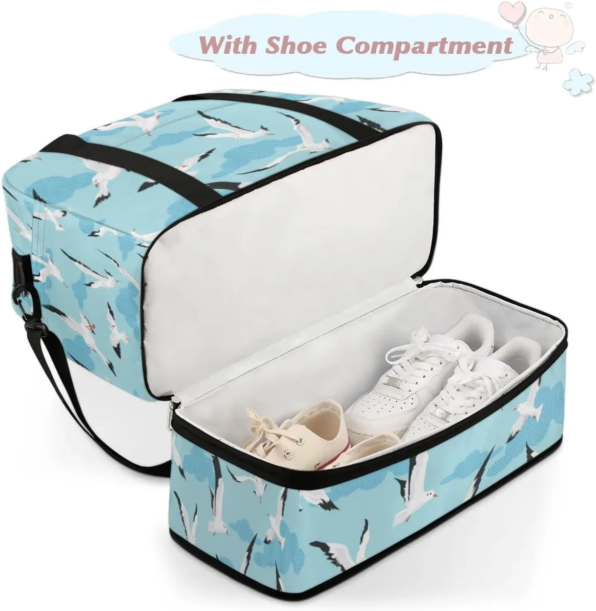 Seagull Sports Gym Bag with Shoes Compartment Foldable Travel Duffel Bag Dry Wet Separated Sports Tote Workout Weekender Overnight Bag for Women Yoga Dance Work Training Handbag