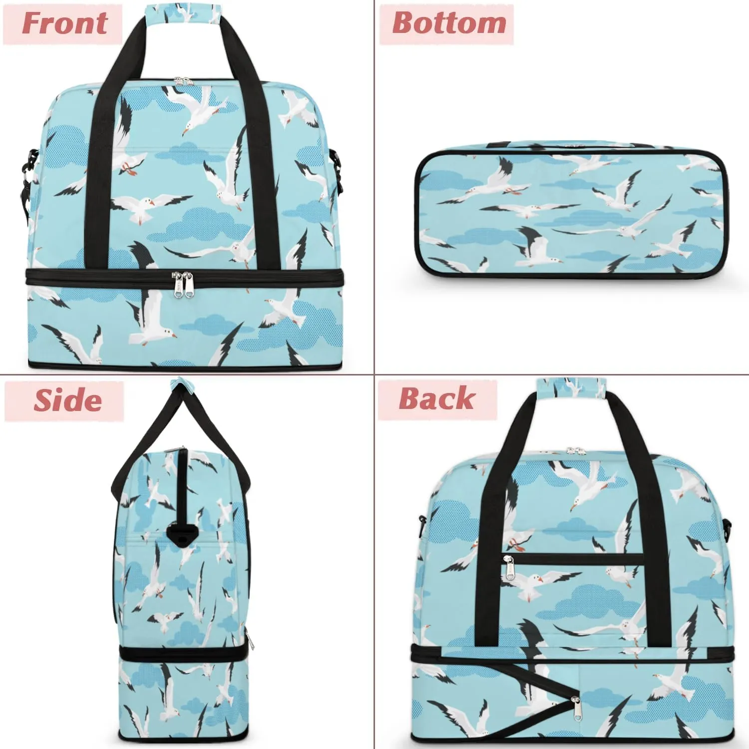 Seagull Sports Gym Bag with Shoes Compartment Foldable Travel Duffel Bag Dry Wet Separated Sports Tote Workout Weekender Overnight Bag for Women Yoga Dance Work Training Handbag