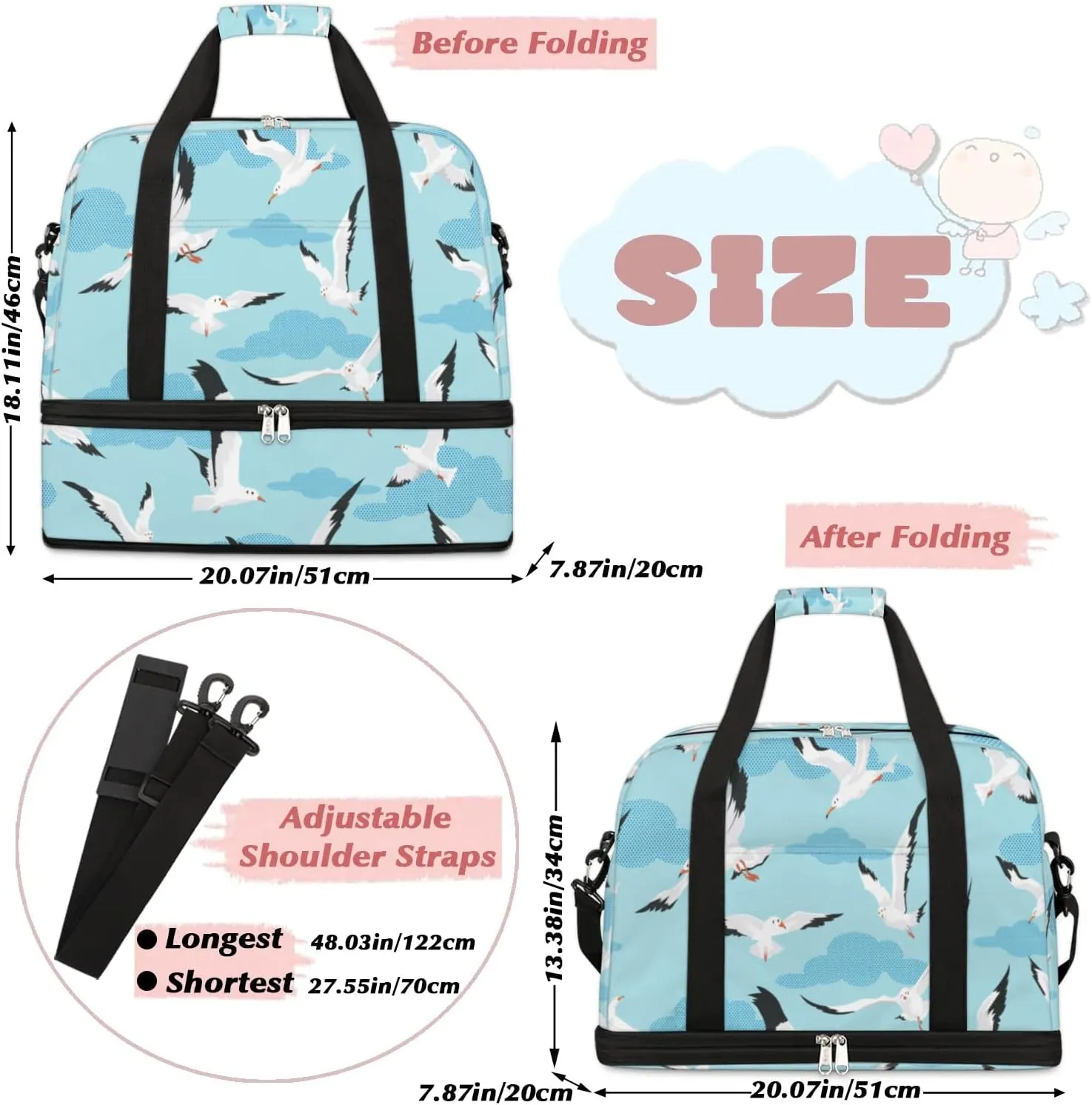 Seagull Sports Gym Bag with Shoes Compartment Foldable Travel Duffel Bag Dry Wet Separated Sports Tote Workout Weekender Overnight Bag for Women Yoga Dance Work Training Handbag