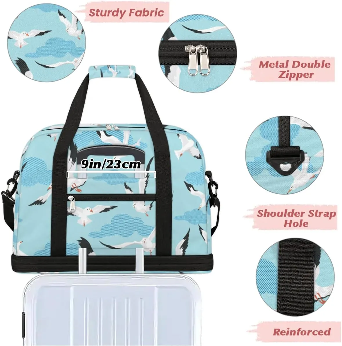 Seagull Sports Gym Bag with Shoes Compartment Foldable Travel Duffel Bag Dry Wet Separated Sports Tote Workout Weekender Overnight Bag for Women Yoga Dance Work Training Handbag