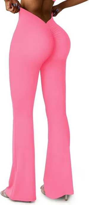 SEASUM V Back Scrunch Butt Flare Leggings for Women Waist Cut Shaped Ruched Bell Bottom Wide Leg Bootcut Yoga Pants