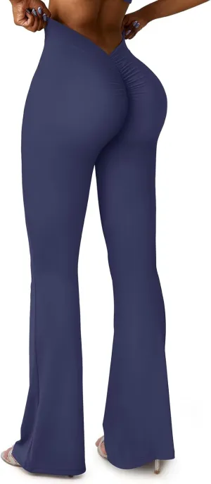 SEASUM V Back Scrunch Butt Flare Leggings for Women Waist Cut Shaped Ruched Bell Bottom Wide Leg Bootcut Yoga Pants