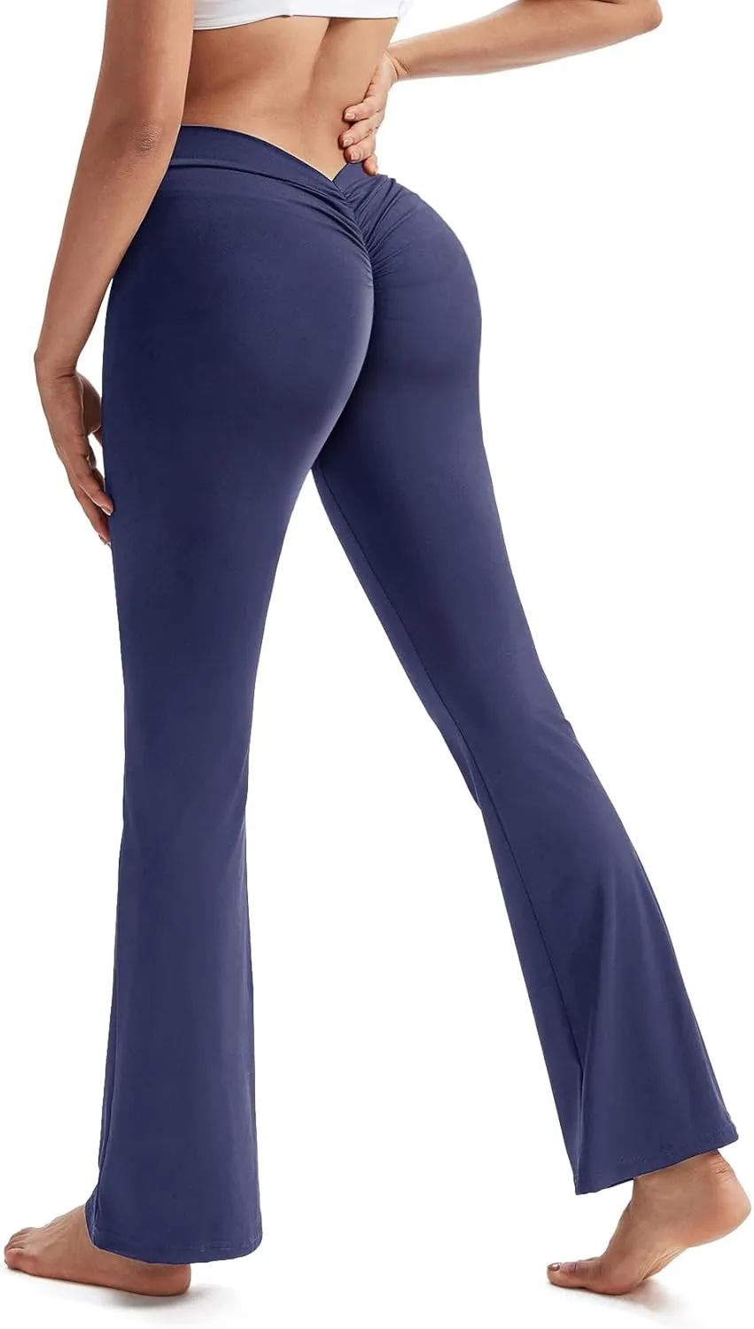 SEASUM V Back Scrunch Butt Flare Leggings for Women Waist Cut Shaped Ruched Bell Bottom Wide Leg Bootcut Yoga Pants