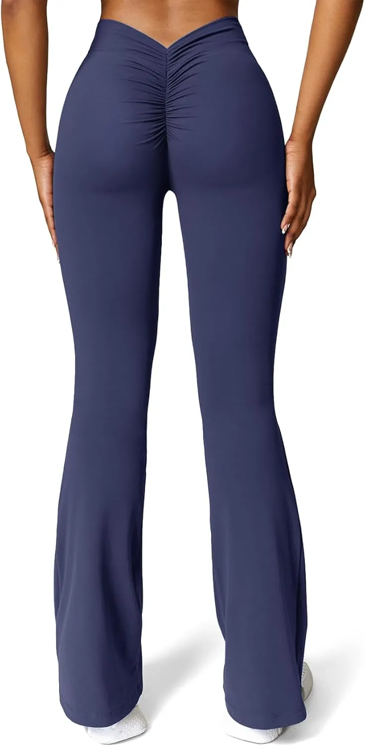 SEASUM V Back Scrunch Butt Flare Leggings for Women Waist Cut Shaped Ruched Bell Bottom Wide Leg Bootcut Yoga Pants